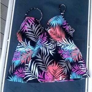 Island Escape Sz 16 Underwire Tropical Palm Print Scorpio Tankini Top Black NWT